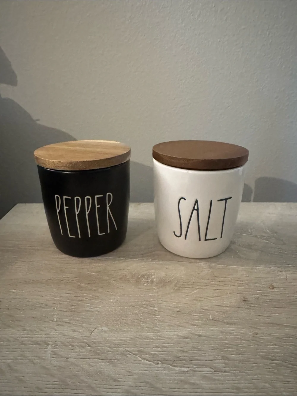 Rae Dunn Salt and Pepper Ceramic Canister Set with Wood Lids